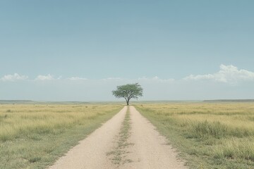 Fototapeta premium In the center of a dirt road, there is a solitary tree standing