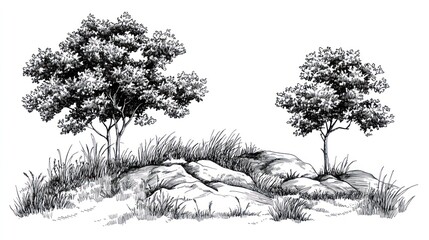 Detailed trees and rocks, nature scene, black and white, landscape illustration, stock photo