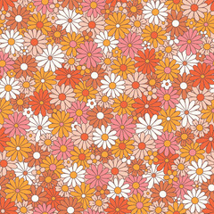 PrintVintage floral background. Fabric and surface pattern design with simple flowers. Hippie style vector seamless pattern. Nostalgic retro 70s groovy allover print.