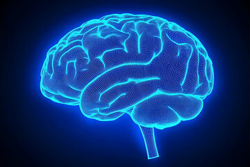 Glowing human brain, neural network, dark background, medical illustration