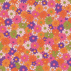 PrintVintage floral background. Fabric and surface pattern design with simple flowers. Hippie style vector seamless pattern. Nostalgic retro 70s groovy allover print.