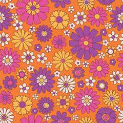 PrintVintage floral background. Fabric and surface pattern design with simple flowers. Hippie style vector seamless pattern. Nostalgic retro 70s groovy allover print.
