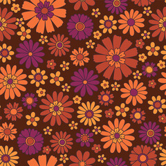 PrintVintage floral background. Fabric and surface pattern design with simple flowers. Hippie style vector seamless pattern. Nostalgic retro 70s groovy allover print.
