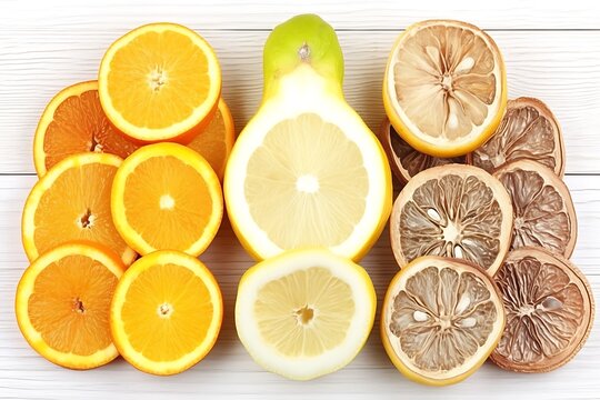 Fresh and dried citrus fruit slices on white wood. - Powered by Adobe