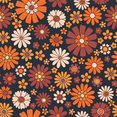 PrintVintage floral background. Fabric and surface pattern design with simple flowers. Hippie style vector seamless pattern. Nostalgic retro 70s groovy allover print.