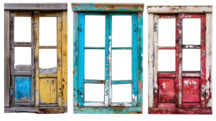 Old rusty colorful wooden window frames isolated