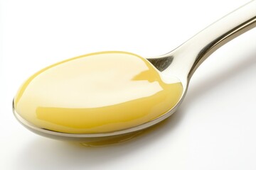 A spoonful of creamy, pale yellow custard, smooth and glistening, ready to be enjoyed.