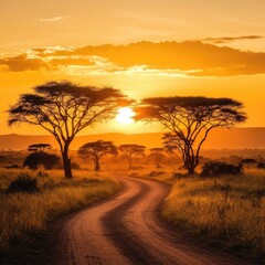 Obraz premium Golden Sunset Safari Road