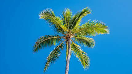 Fototapeta premium Isolated Palm Tree Against Clear Blue Sky Showcasing Vibrant Green Leaves And Sunlight Outdoors