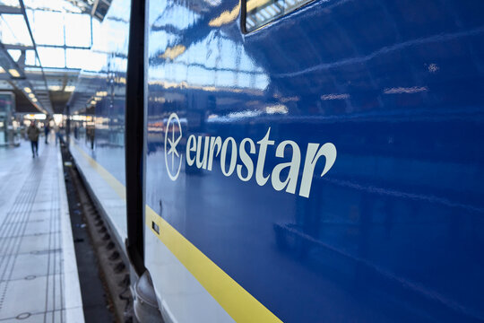 London, UK - March 16, 2025: Eurostar train featuring Eurostar logo at London St. Pancras Station