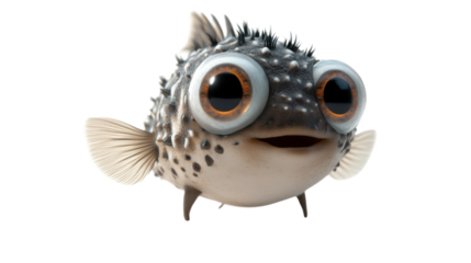 3d rendering of a funny cartoon pufferfish with big eyes on white background
