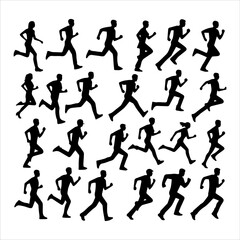 Obraz premium A set of vector icon symbols featuring sports people, including joggers and athletes in motion. The icons are designed in a minimalistic and modern