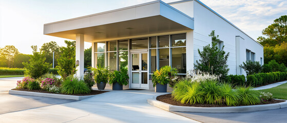 Fototapeta premium Modern veterinary clinic exterior with welcoming atmosphere and well-maintained landscaping