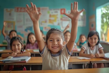A black and white photo of children raising hands in a classroom