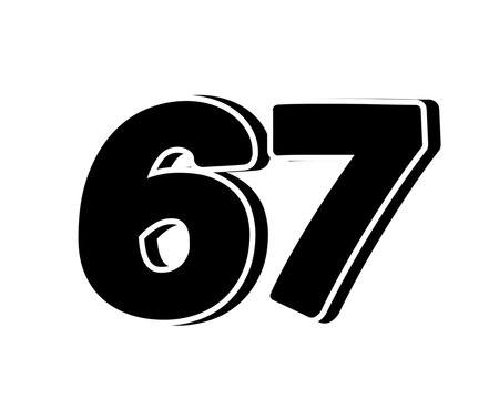 Stylized black number 67 on transparent background, with a bold, 3D appearance and shadow effects for added depth and dimension.