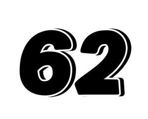 Stylized black number 62 on transparent background, with a bold, 3D appearance and shadow effects for added depth and dimension.