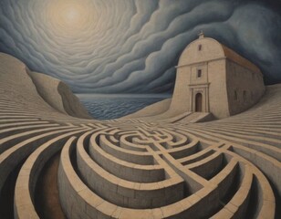Human brain, abstract labyrinth of consciousness. Realistic illustration