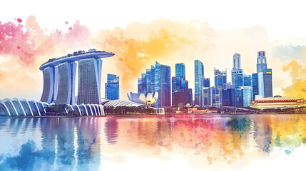 Watercolor soft colors illustration for singapore national day celebration with city skyline