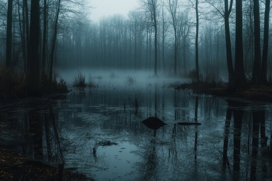 Fototapeta Mysterious fog envelops a tranquil forest pond at dawn, reflecting the stillness of nature's embrace