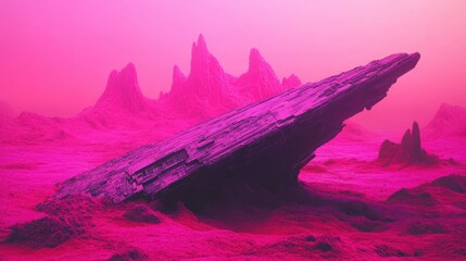 A futuristic landscape scene features a crashed angular spacecraft with mountains