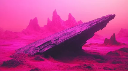 Selbstklebende Fototapeten A futuristic landscape scene features a crashed angular spacecraft with mountains © Mochamad