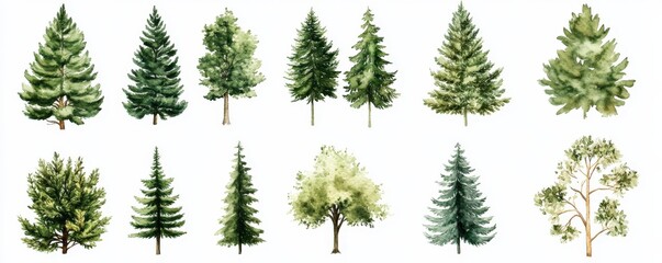 A beautiful and vibrant set of watercolor trees displayed on a white background