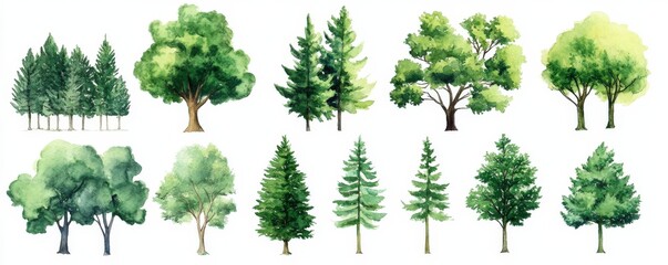 Fototapeta premium A beautiful and vibrant set of watercolor trees displayed on a white background