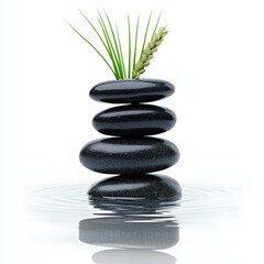 Obraz premium There is a stack of rocks positioned in the water beside tall grass