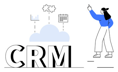 Cloud connects CRM with analytics, integrations, and scheduling, as a user gestures towards features. Ideal for customer management, productivity, collaboration, technology, organization automation