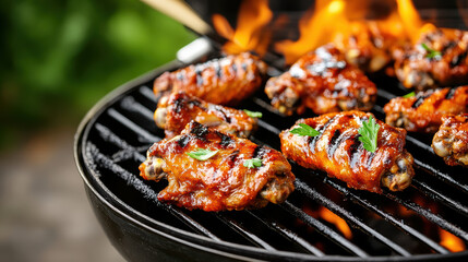 Grilled chicken wings with barbecue sauce sizzling on grill, creating delicious aroma