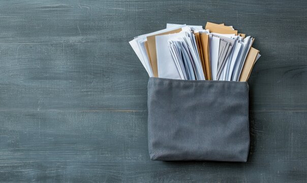 Overflowing mail fills a gray canvas holder, symbolizing a busy domestic or office environment.