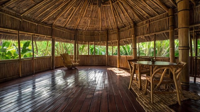 Filipino Bahay Kubo Interior &ndash; A rustic bamboo house interior with woven mats, wooden furniture, and open ventilation