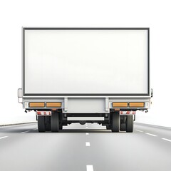 A rear view of a blank truck on a highway, showcasing its spacious cargo area and a clear road ahead, emphasizing transport and logistics.