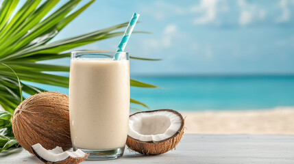 Refreshing coconut smoothie by beach, perfect for sunny day