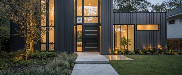 Simple and modern home exterior with a matte black front door, tall vertical windows, and a polished concrete pathway