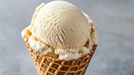 Creamy dairy free coconut ice cream scoop in waffle cone, perfect for sweet treat