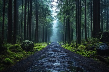 Obraz premium Misty forest path, deep woods