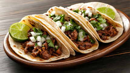 Delicious gourmet tacos with beef, cilantro, and lime on wooden platter