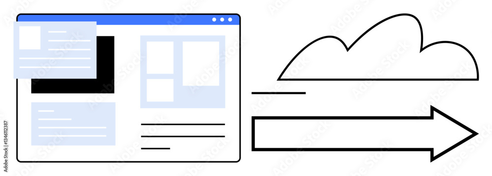 Poster digital webpage layout connected by an arrow to a cloud, symbolizing cloud storage, data syncing, an