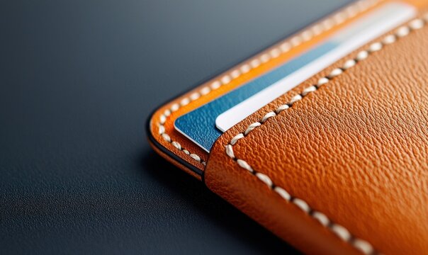 A close-up of a tan leather card holder with credit cards on a dark blue background.