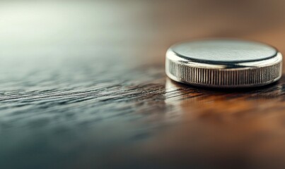 A silver hockey puck sits poised on a polished wood grain, ready for action and play.