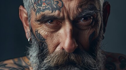 Close-up portrait of a mature senior man with a tattoo on his face, a gray long beard, a mustache, and thick eyebrows. A piercing wise look. A mature hipster. A brutal tattooed man