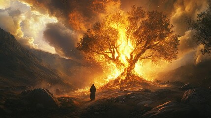 The burning bush blazes without being consumed as Moses approaches in awe. God's voice calls from within the flames, sending Moses to free the Israelites.