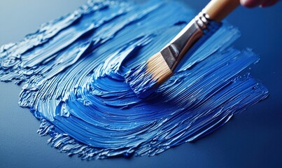 Obraz premium A close-up of a paintbrush creating textured lines with vibrant blue paint on canvas.