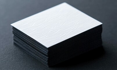 A stack of square business cards features a wood grain texture and sleek black edges.