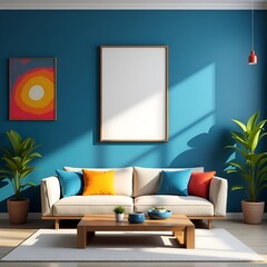 Interior desgin of modern living room interior with mock up poster frame, colorful decorations and accessories, plants, sofa, coffee table. Blue wall. Home decor. Template.
