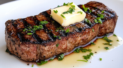 beautifully plated grilled steak topped with melted butter and fresh herbs, exuding