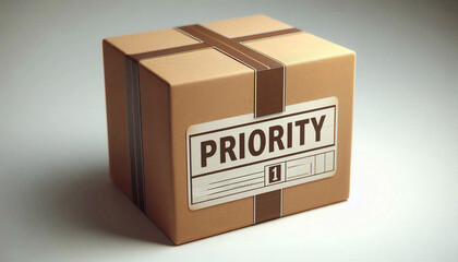 Brown package marked "Priority" for urgent delivery, close-up, 3D rendering