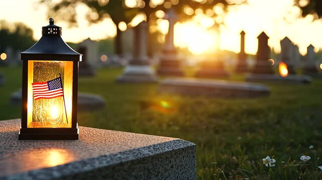 A 4th of July lantern by a veteran's marker at dusk