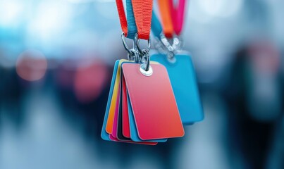 A cluster of colorful ID cards on lanyards hang in a bright event or professional environment.